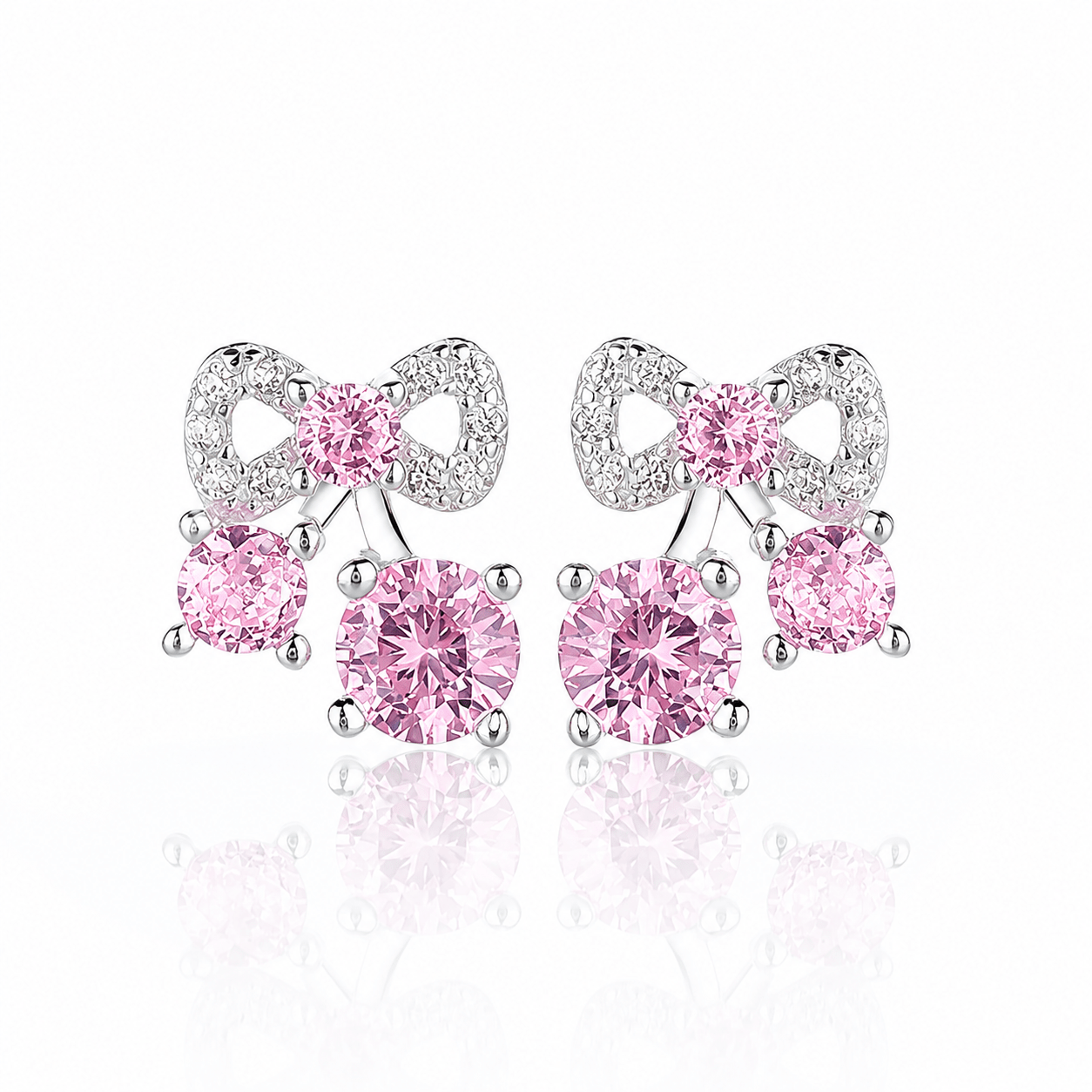 Bow Stud Earrings with Pink AAA Cubic Zirconia Trio - NAFALUXE