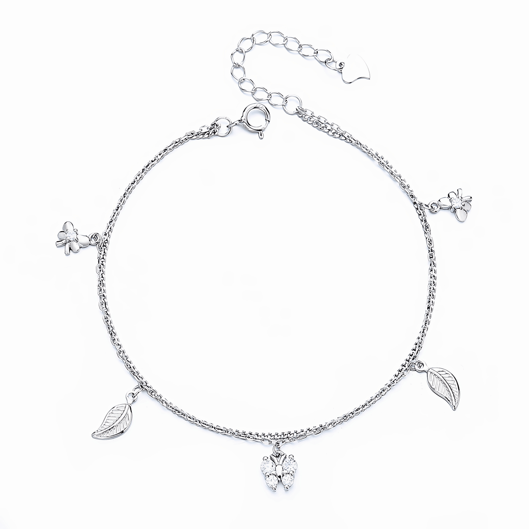 Butterfly & Leaf Double - Chain Charm Bracelet Sterling Silver 925 - NAFALUXE