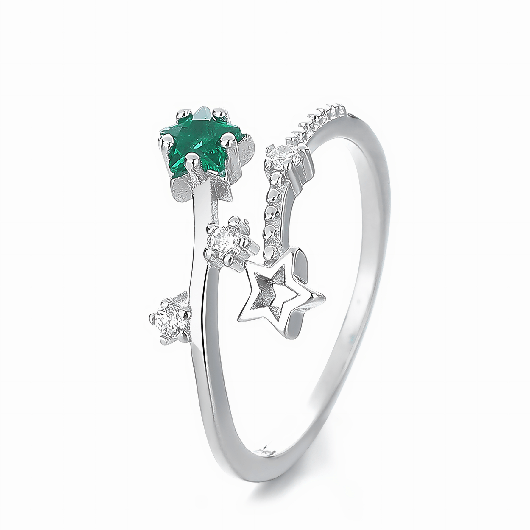 Celestial Dream – Sterling Silver Open Ring with Green Star CZ and Shooting Star Accents - NAFALUXE