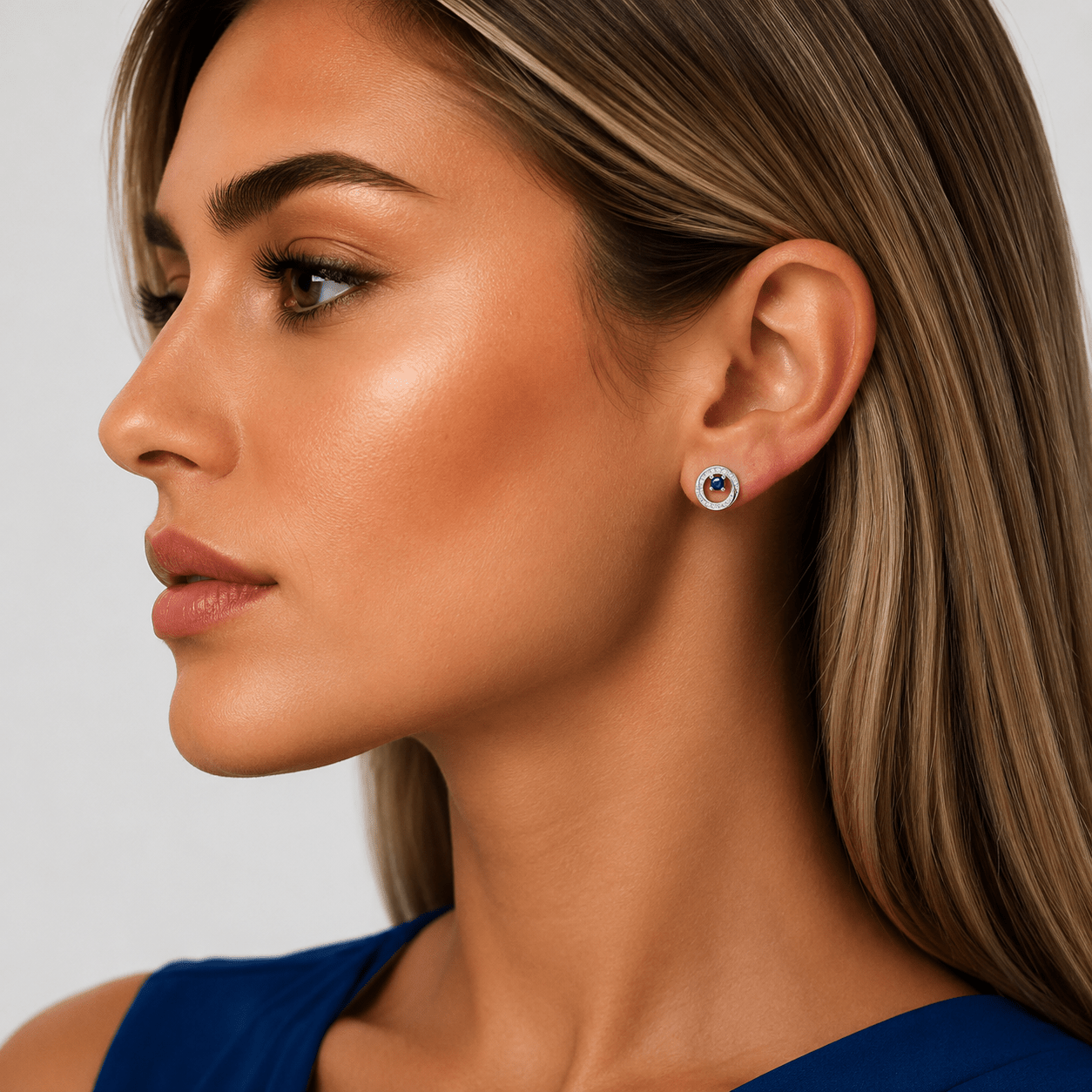 Circle Stud Earrings with Blue AAA Cubic Zirconia Center - NAFALUXE