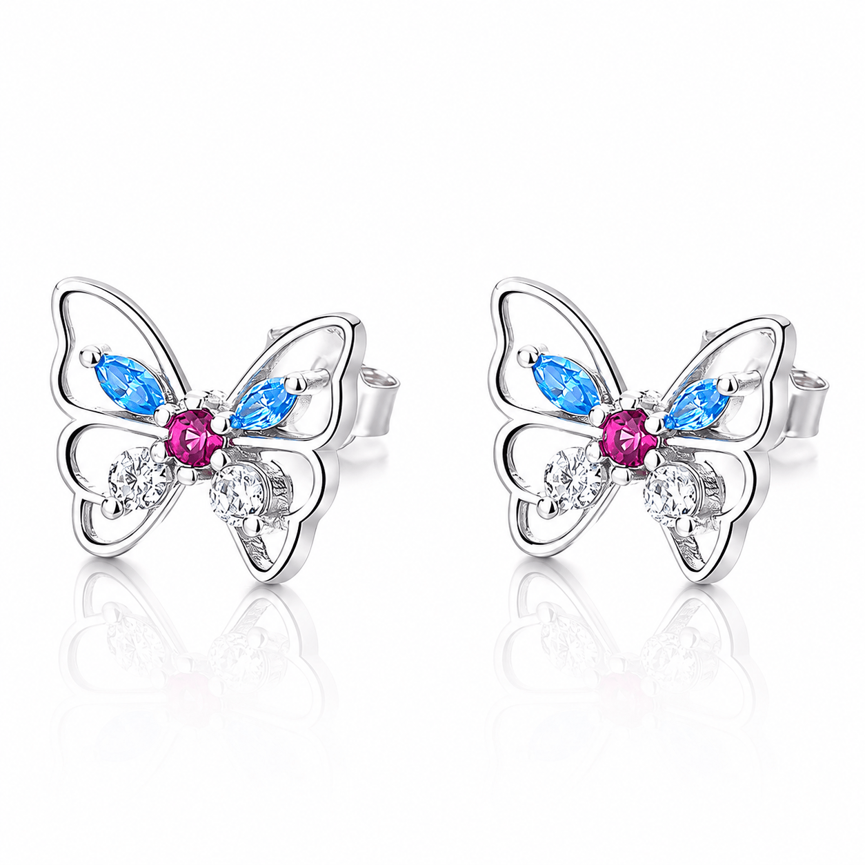 Colorful Butterfly Stud Earrings – 925 Sterling Silver with Blue, Pink & Clear CZ - NAFALUXE