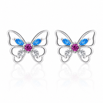 Colorful Butterfly Stud Earrings – 925 Sterling Silver with Blue, Pink & Clear CZ - NAFALUXE