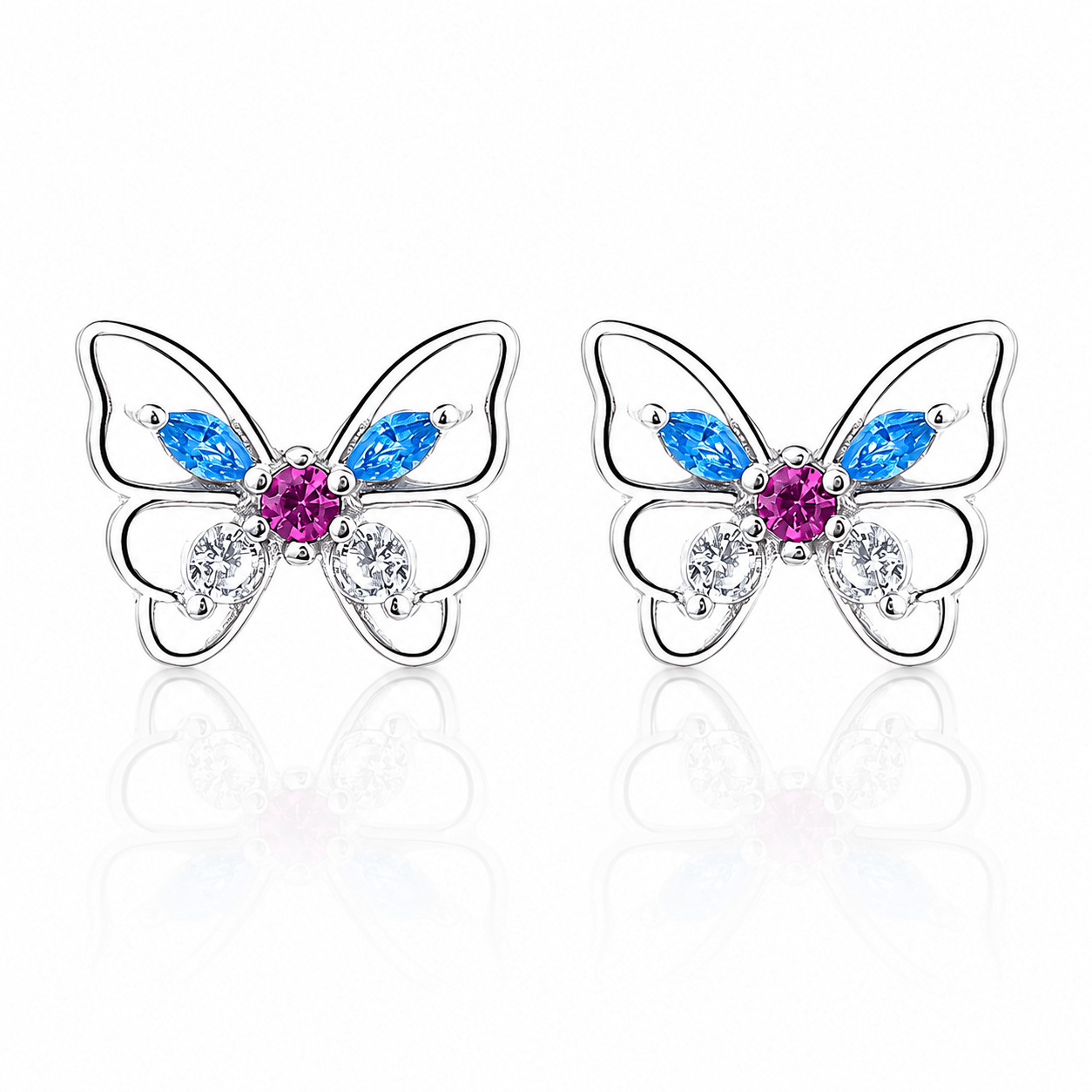 Colorful Butterfly Stud Earrings – 925 Sterling Silver with Blue, Pink & Clear CZ - NAFALUXE