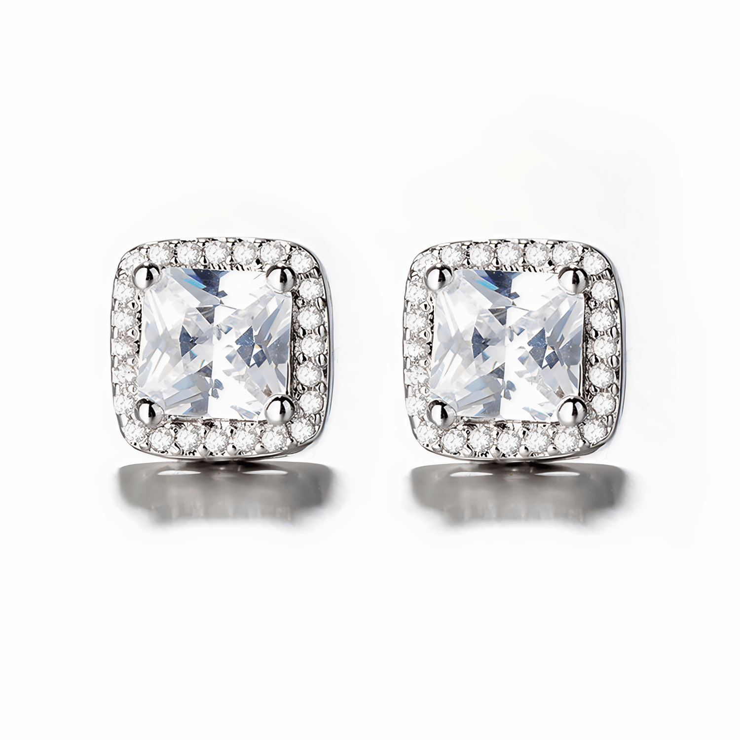 Cushion Cut Halo Stud Earrings – Sterling Silver with CZ Crystals - NAFALUXE