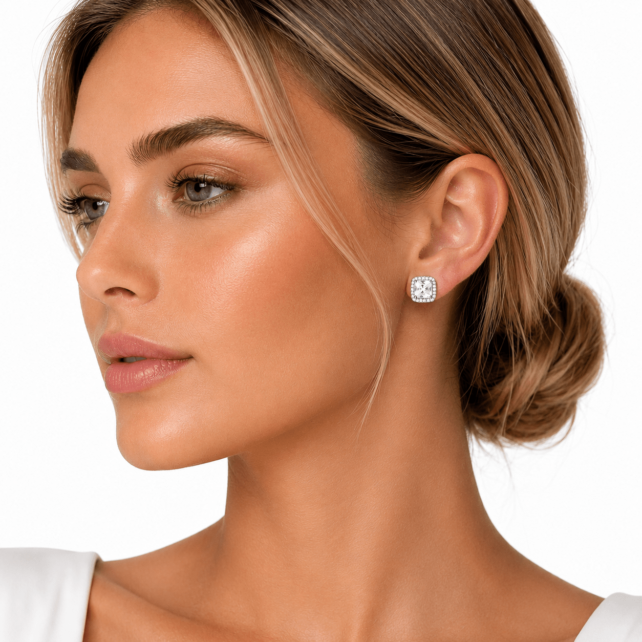 Cushion Cut Halo Stud Earrings – Sterling Silver with CZ Crystals - NAFALUXE
