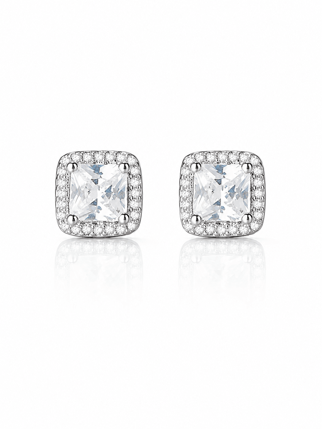 Cushion Cut Halo Stud Earrings – Sterling Silver with CZ Crystals - NAFALUXE