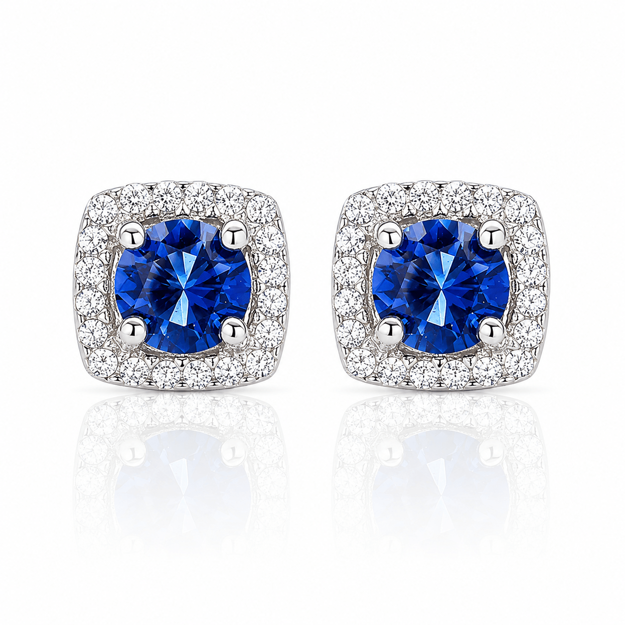 Cushion Stud Earrings with Blue Center and Halo AAA Cubic Zirconia - NAFALUXE