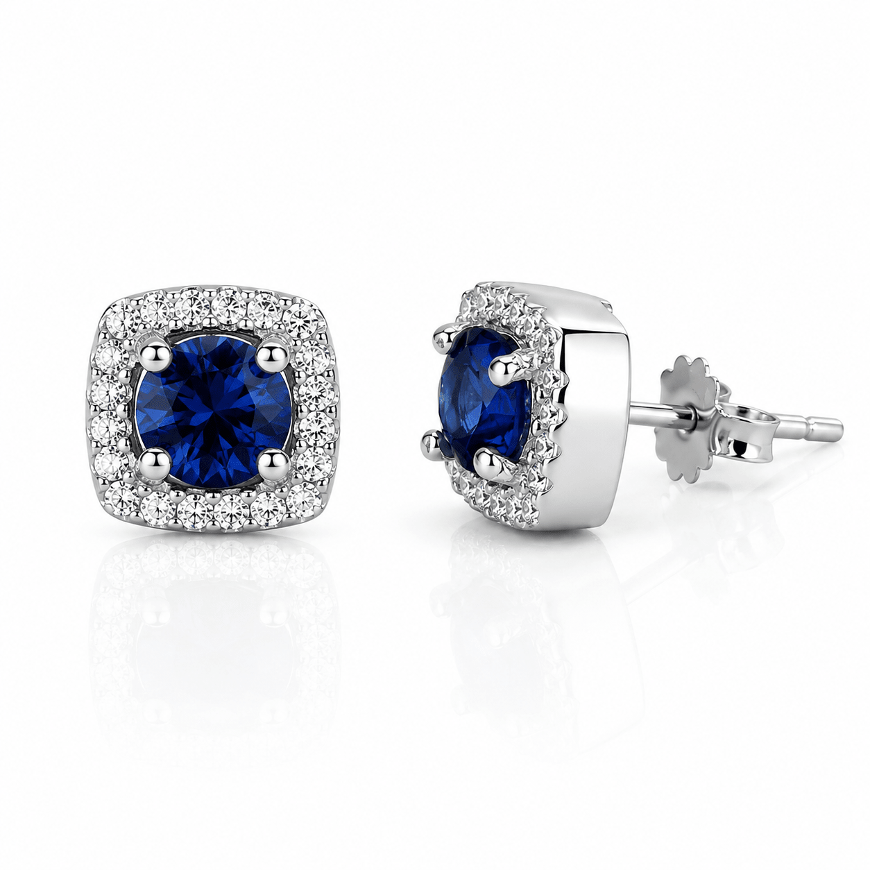 Cushion Stud Earrings with Blue Center and Halo AAA Cubic Zirconia - NAFALUXE