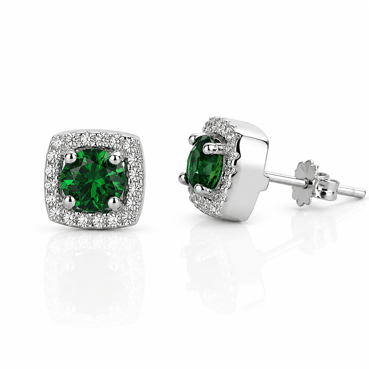 Cushion Stud Earrings with Green Center and Halo AAA Cubic Zirconia - NAFALUXE