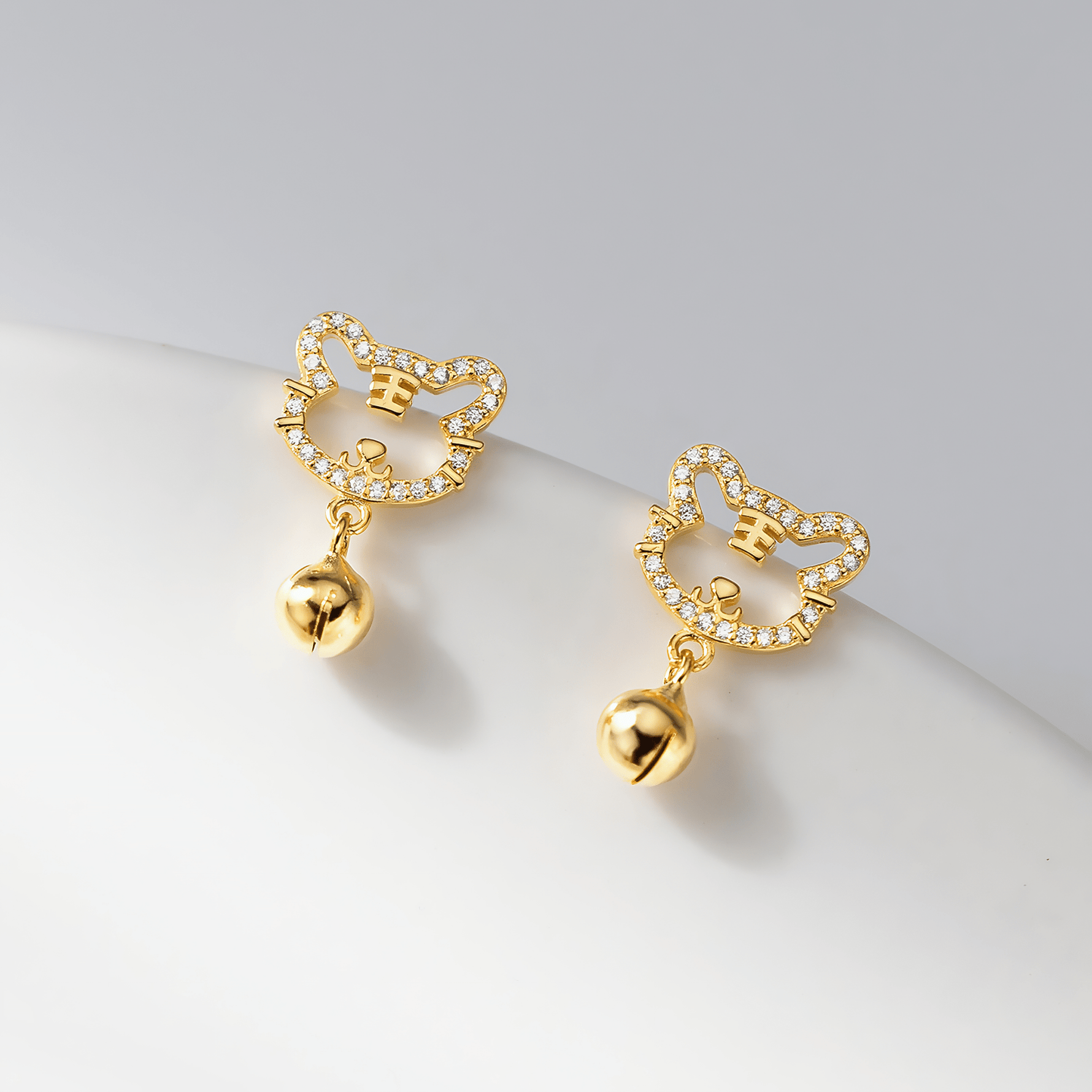 Cute Cat Bell Stud Earrings – 925 Sterling Silver CZ Kitty Earrings - NAFALUXE