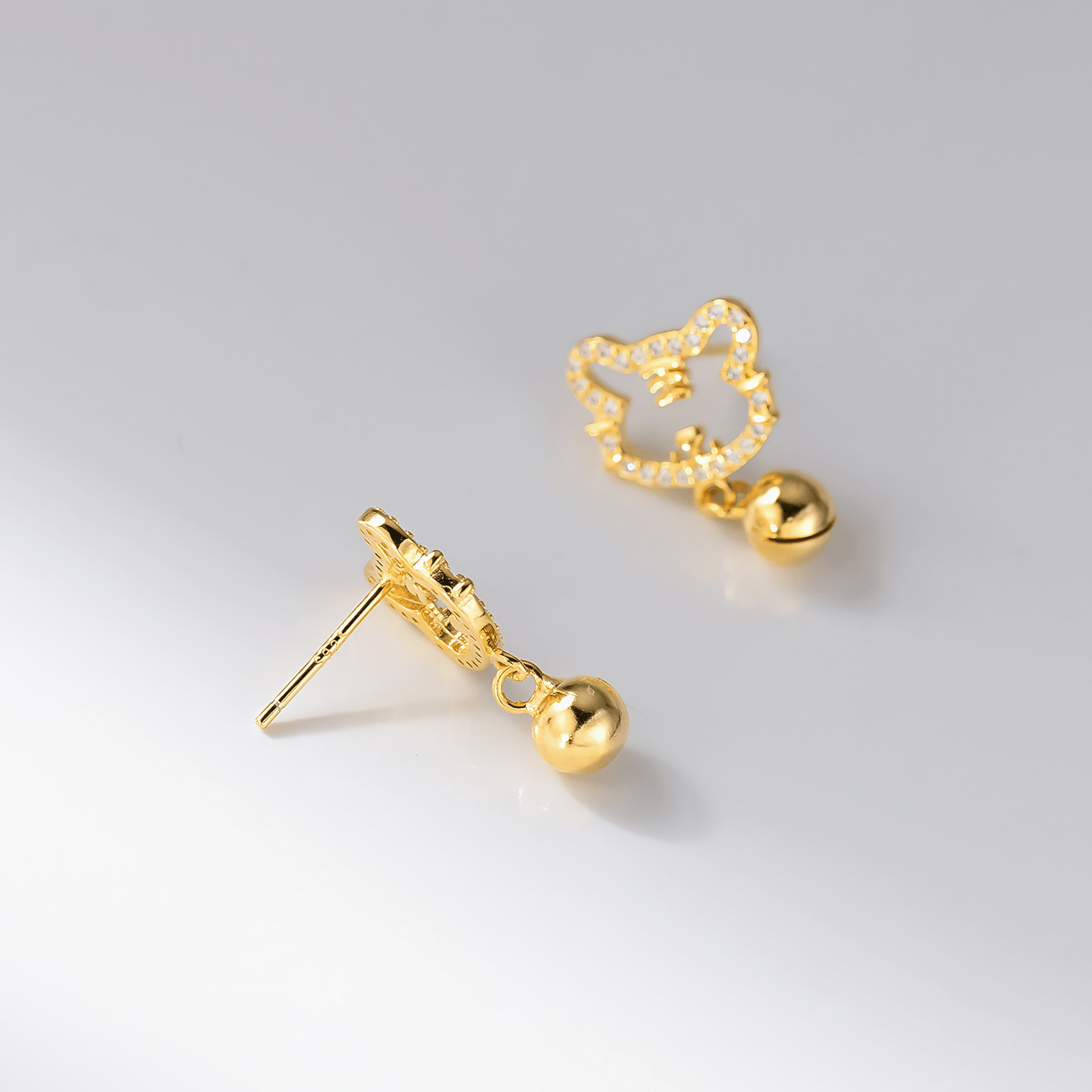 Cute Cat Bell Stud Earrings – 925 Sterling Silver CZ Kitty Earrings - NAFALUXE
