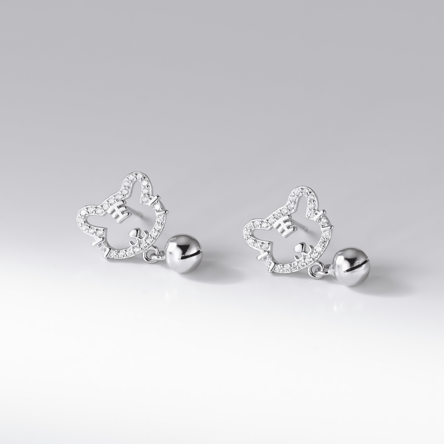 Cute Cat Bell Stud Earrings – 925 Sterling Silver CZ Kitty Earrings - NAFALUXE