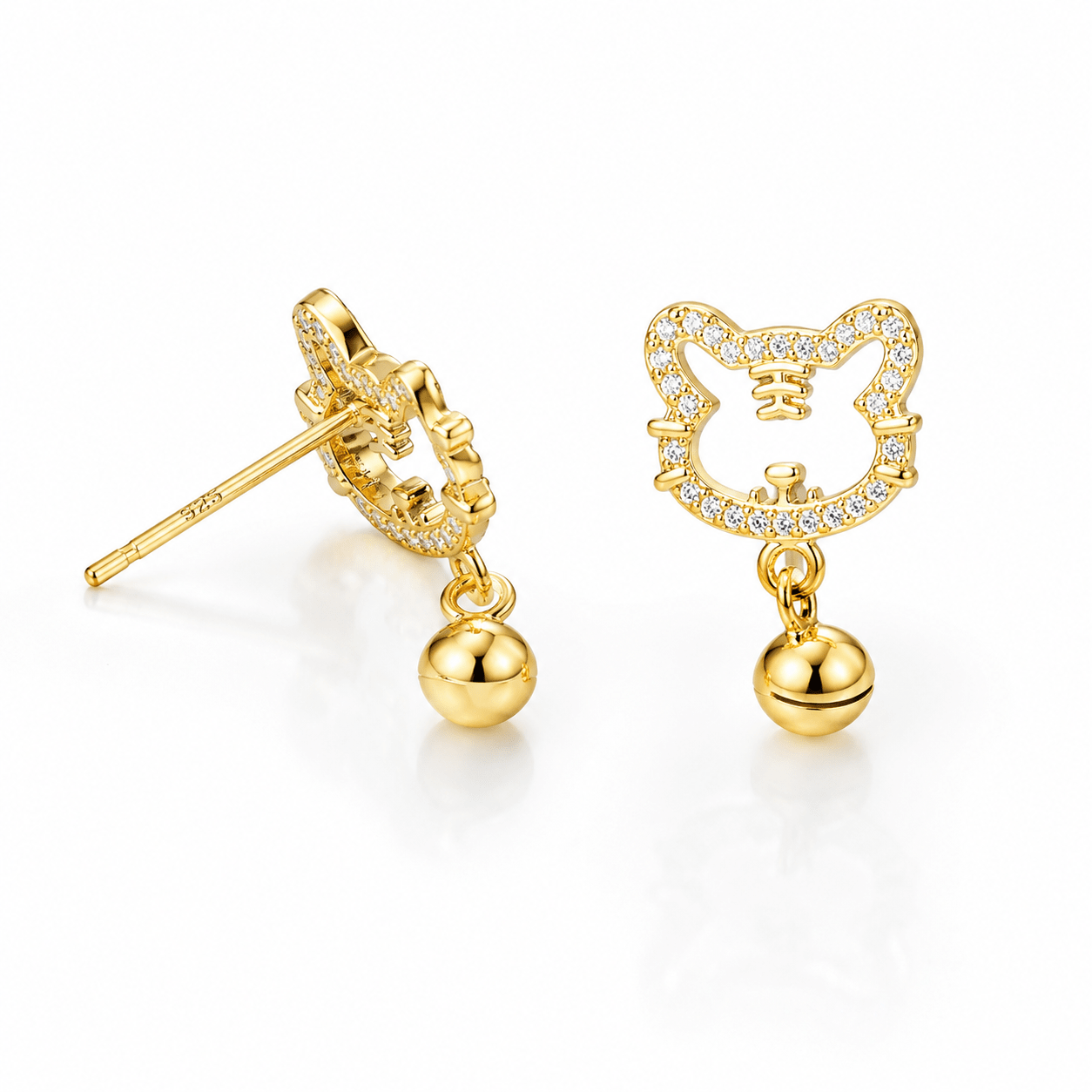 Cute Cat Bell Stud Earrings – 925 Sterling Silver CZ Kitty Earrings - NAFALUXE