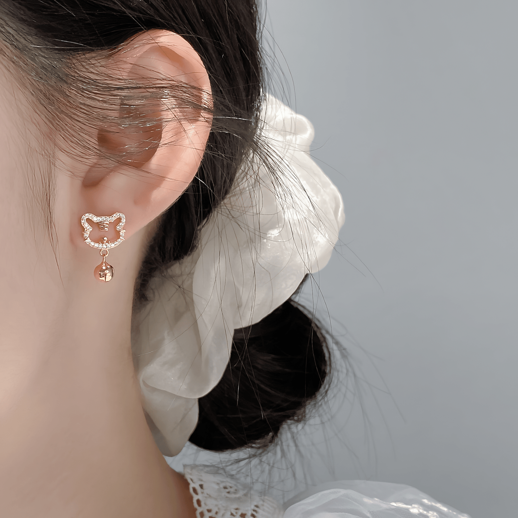 Cute Cat Bell Stud Earrings – 925 Sterling Silver CZ Kitty Earrings - NAFALUXE