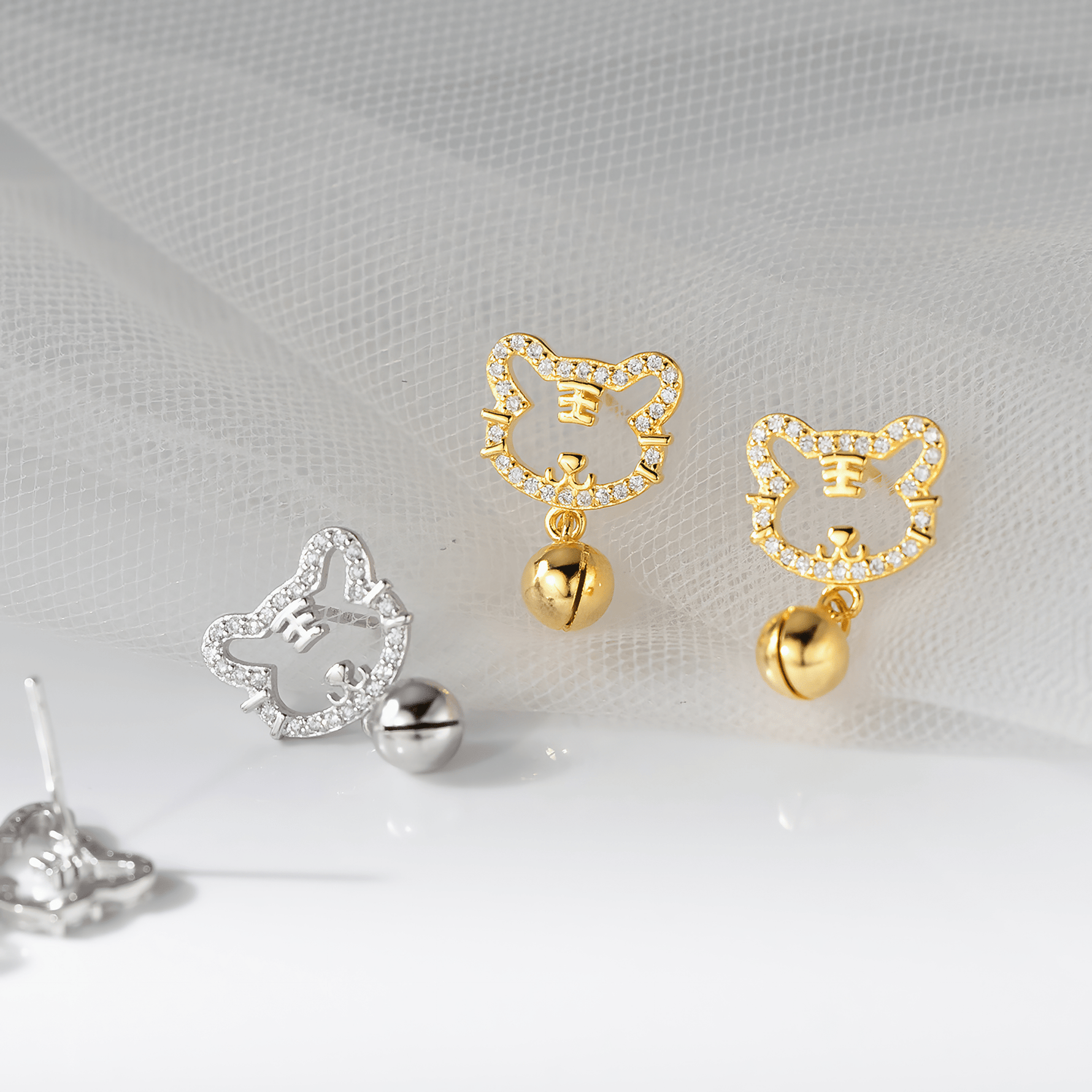 Cute Cat Bell Stud Earrings – 925 Sterling Silver CZ Kitty Earrings - NAFALUXE