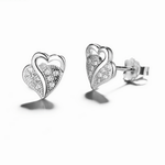 Double Heart Stud Earrings – Sterling Silver with CZ Crystals - NAFALUXE