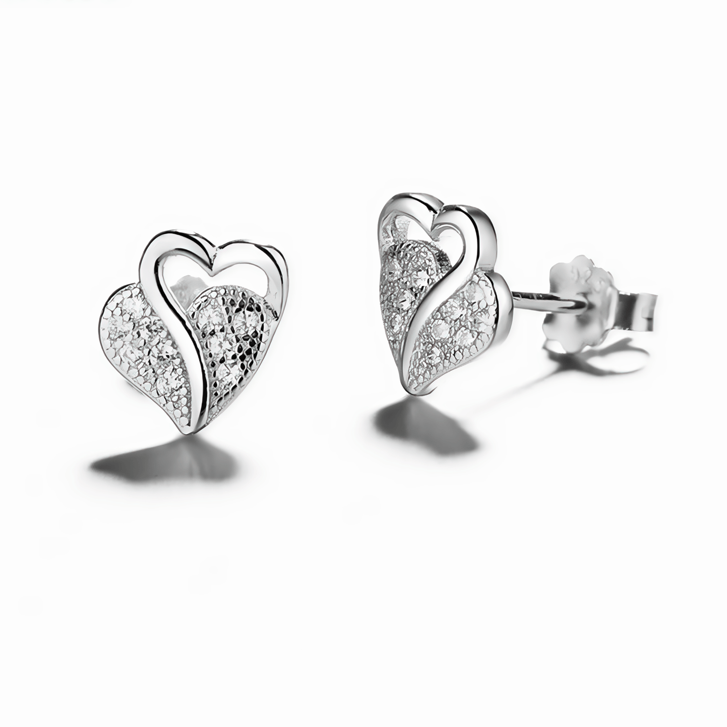 Double Heart Stud Earrings – Sterling Silver with CZ Crystals - NAFALUXE