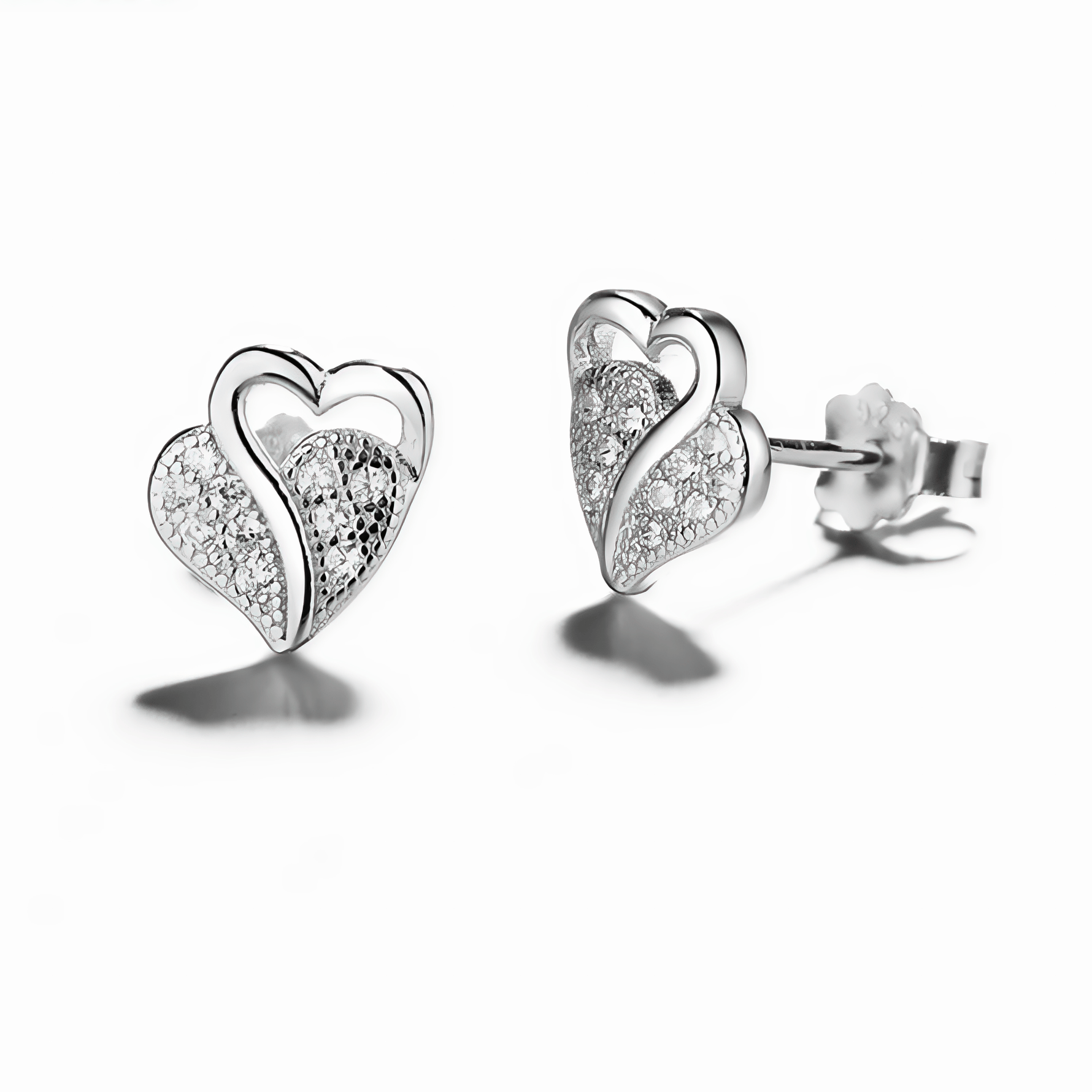 Double Heart Stud Earrings – Sterling Silver with CZ Crystals - NAFALUXE