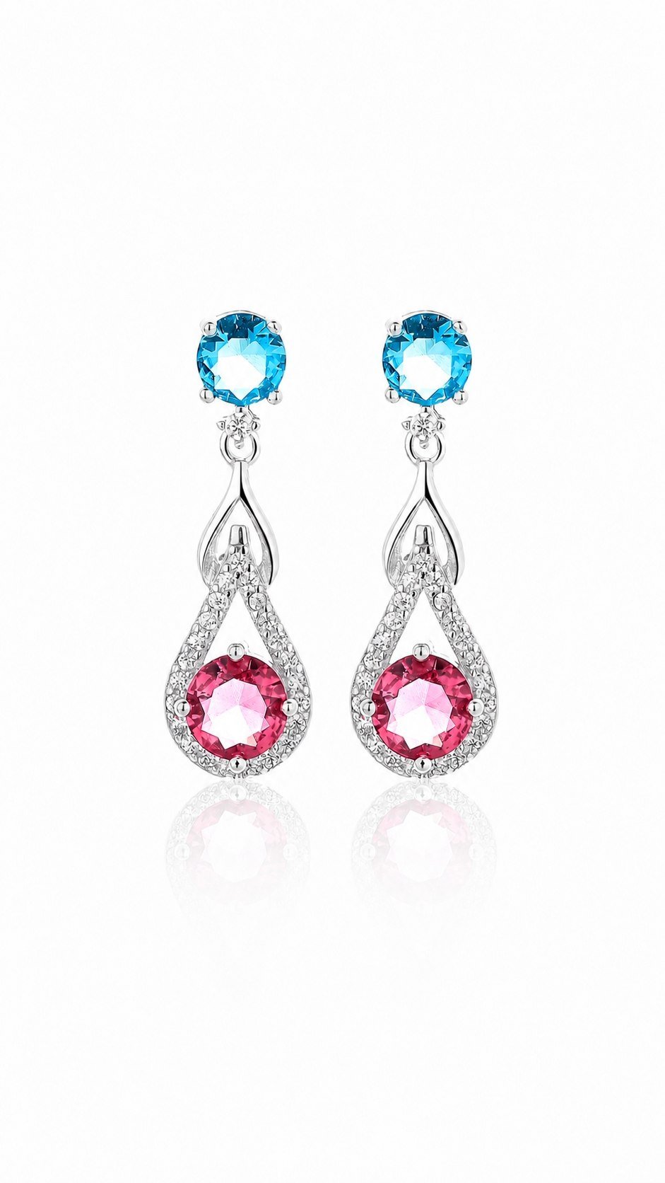 Dual Tone Drop Earrings – 925 Sterling Silver with Blue & Pink CZ Crystals - NAFALUXE