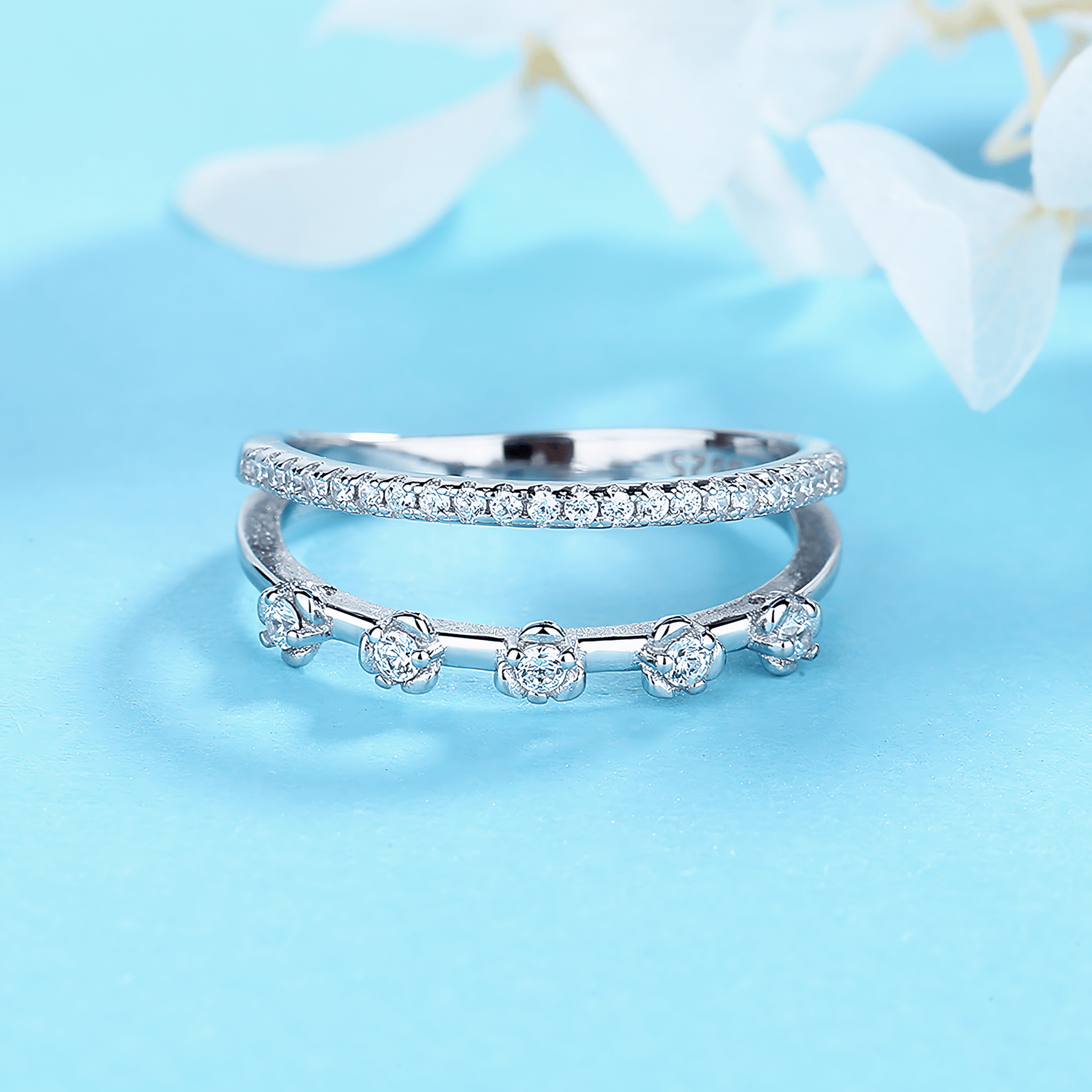 Duo Radiance – Sterling Silver Double Row Ring with Solitaire CZ Accents & Pavé Band - NAFALUXE
