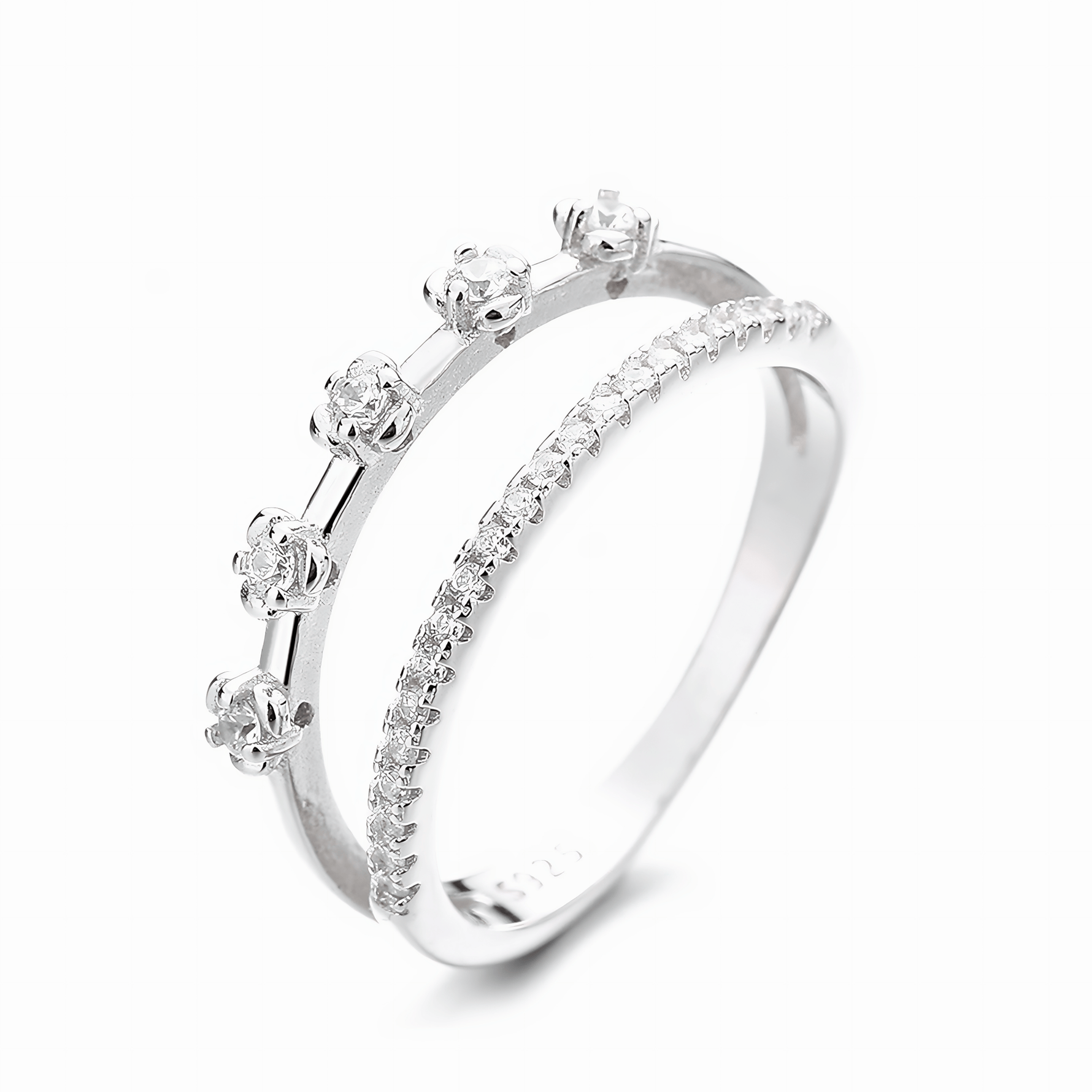 Duo Radiance – Sterling Silver Double Row Ring with Solitaire CZ Accents & Pavé Band - NAFALUXE
