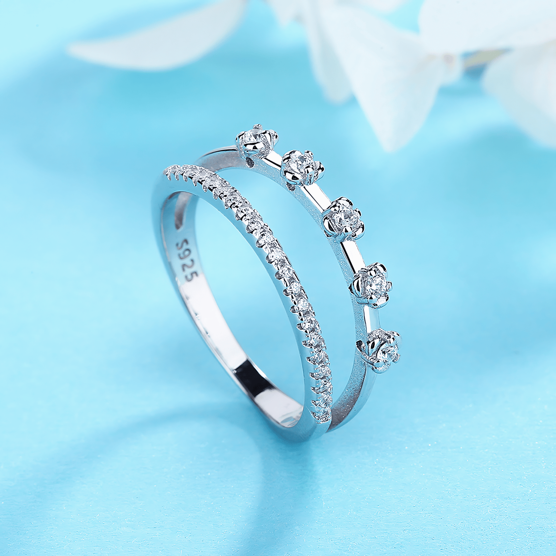Duo Radiance – Sterling Silver Double Row Ring with Solitaire CZ Accents & Pavé Band - NAFALUXE