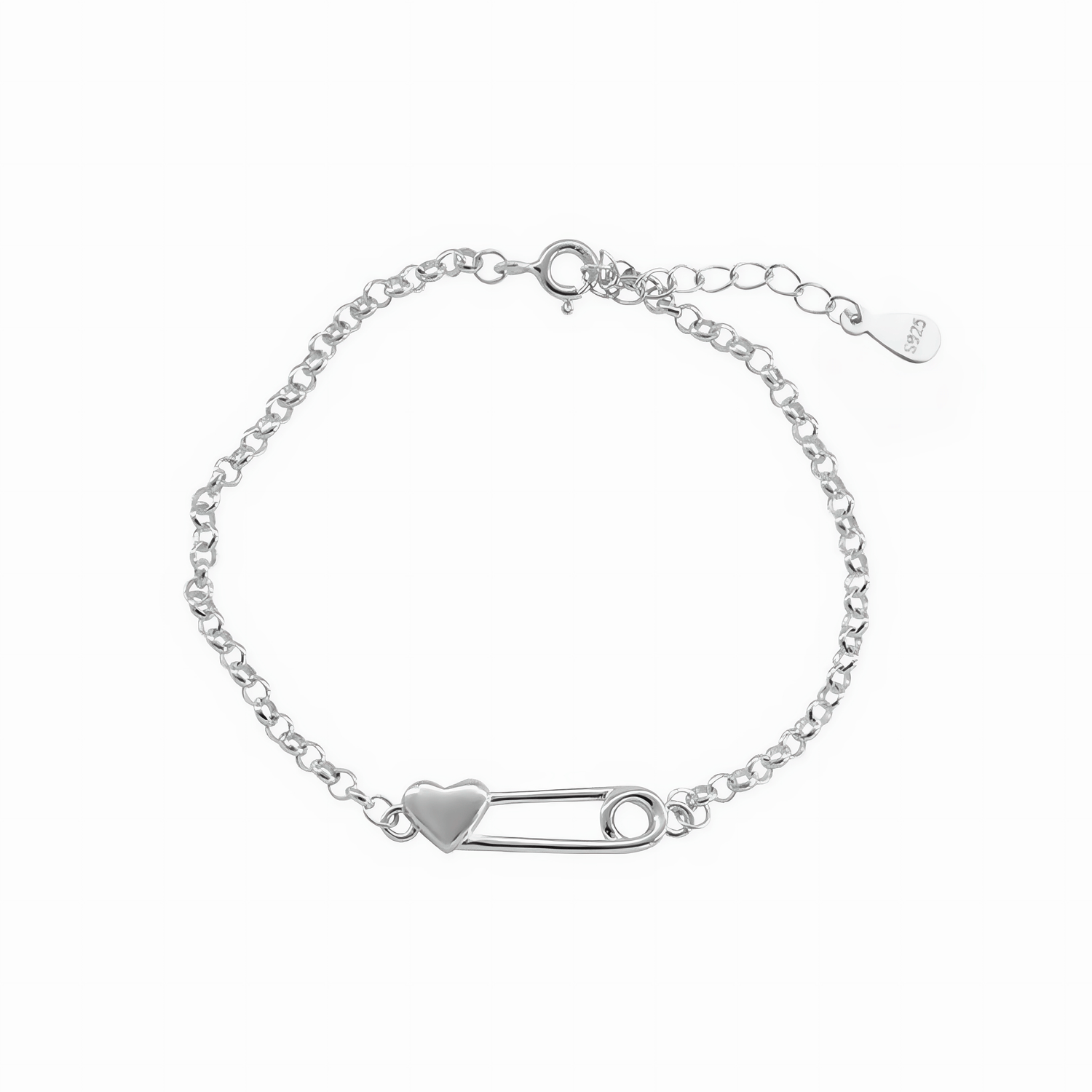 Edgy Heart & Pin Charm Bracelet – 925 Silver - NAFALUXE