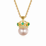 Elegant Crown Pearl Pendant Necklace with Green CZ Accents - NAFALUXE