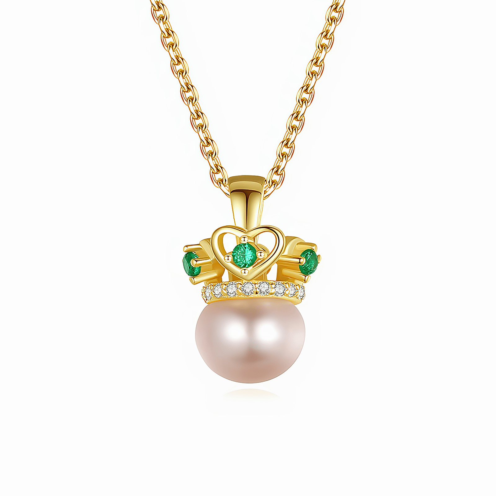 Elegant Crown Pearl Pendant Necklace with Green CZ Accents - NAFALUXE