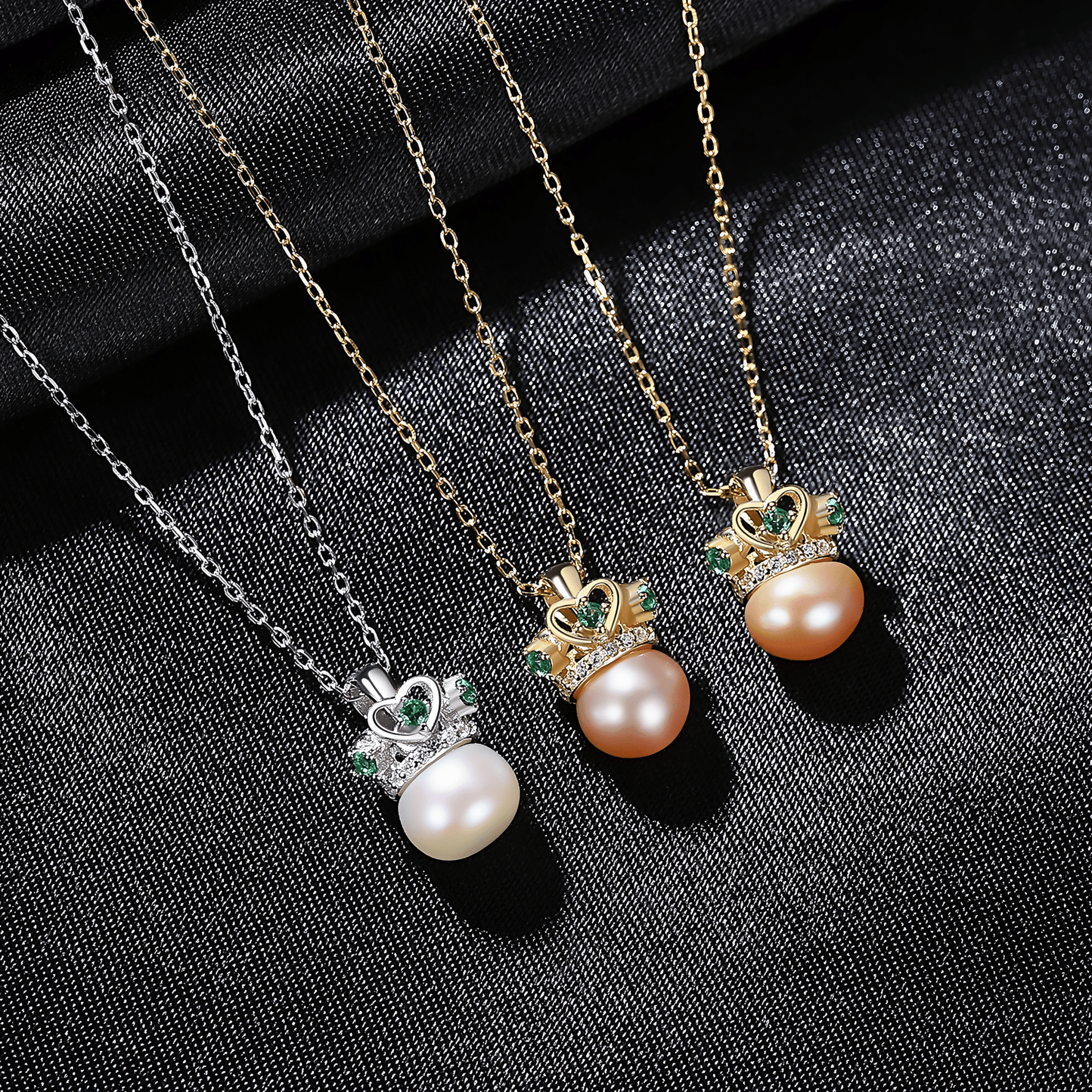 Elegant Crown Pearl Pendant Necklace with Green CZ Accents - NAFALUXE