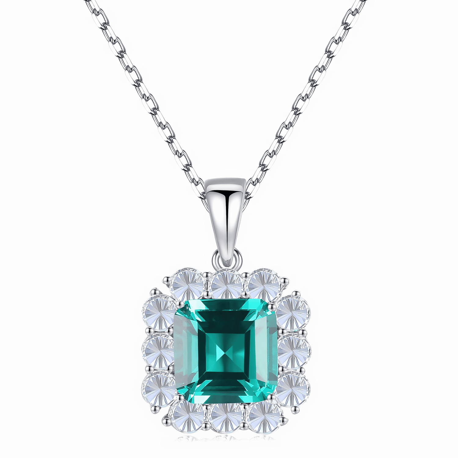 Elegant Emerald - Cut Green CZ Halo Pendant Necklace in Sterling Silver - NAFALUXE