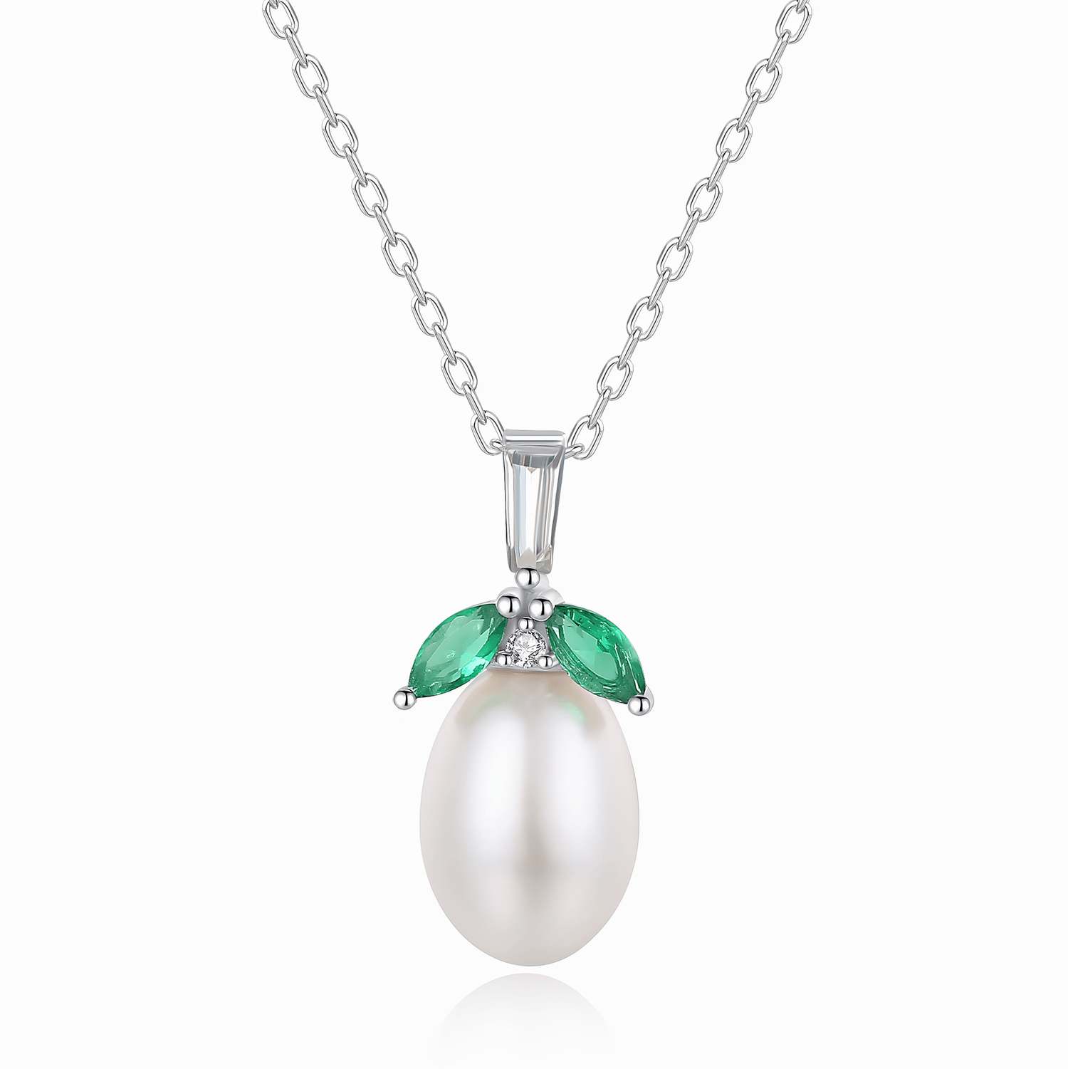 Elegant Pearl Pendant Necklace with Green Marquise CZ in Sterling Silver - NAFALUXE