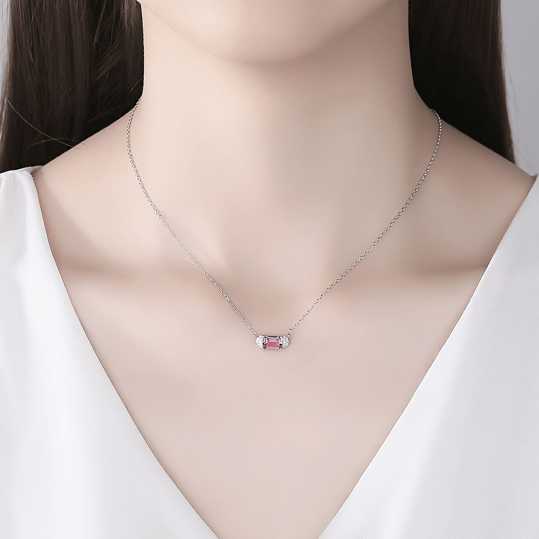 Elegant Pink CZ Emerald - Cut Pendant Necklace in Sterling Silver - NAFALUXE