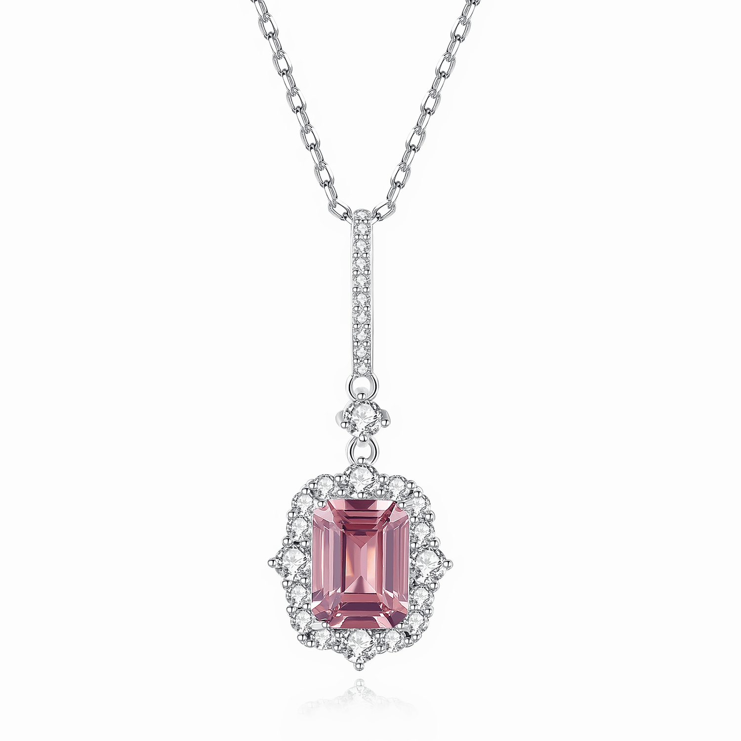 Elegant Pink Emerald - Cut CZ Halo Pendant Necklace in Sterling Silver - NAFALUXE