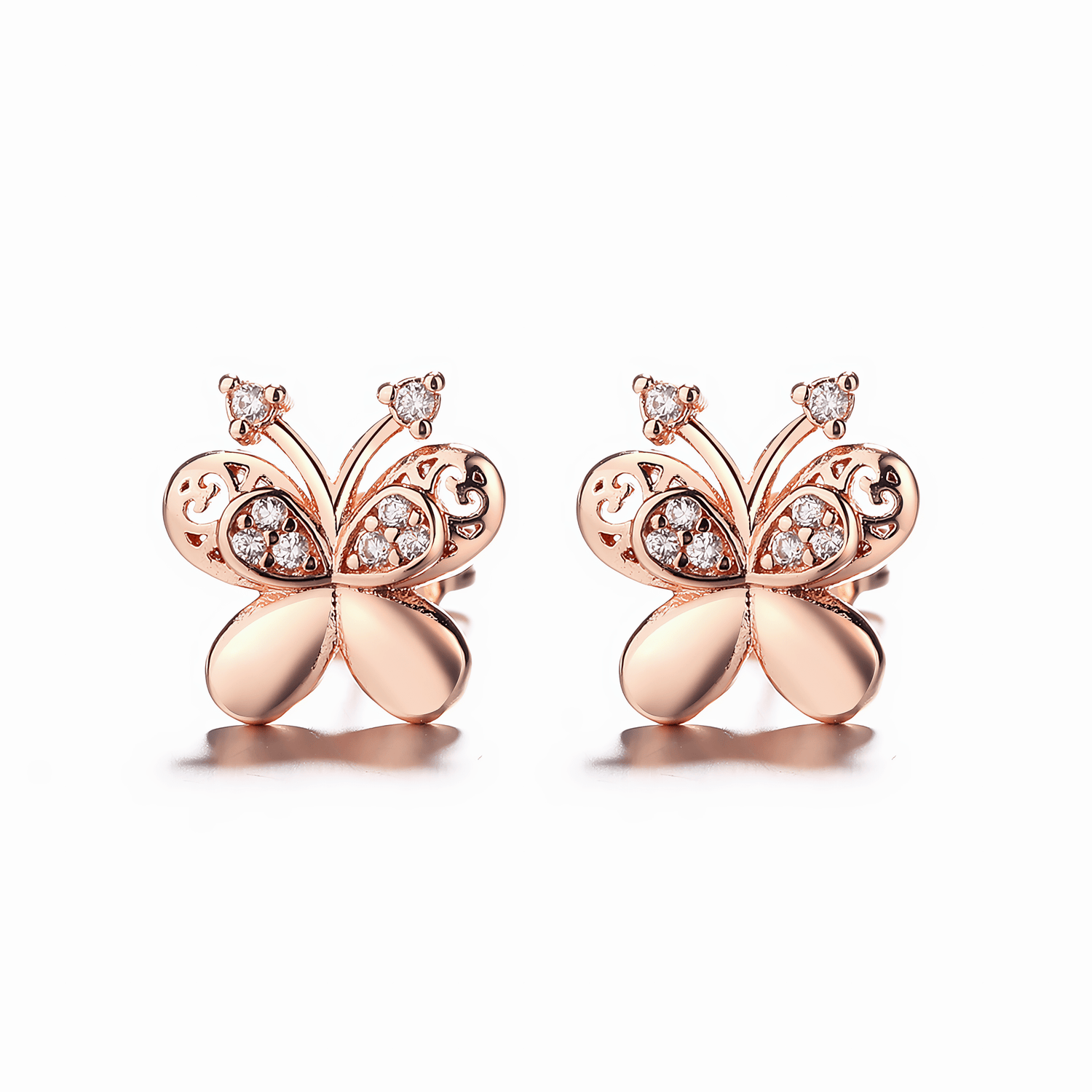 Elegant rose gold butterfly earrings with delicate filigree details and sparkling cubic zirconia, perfect for a graceful, feminine touch. - NAFALUXE