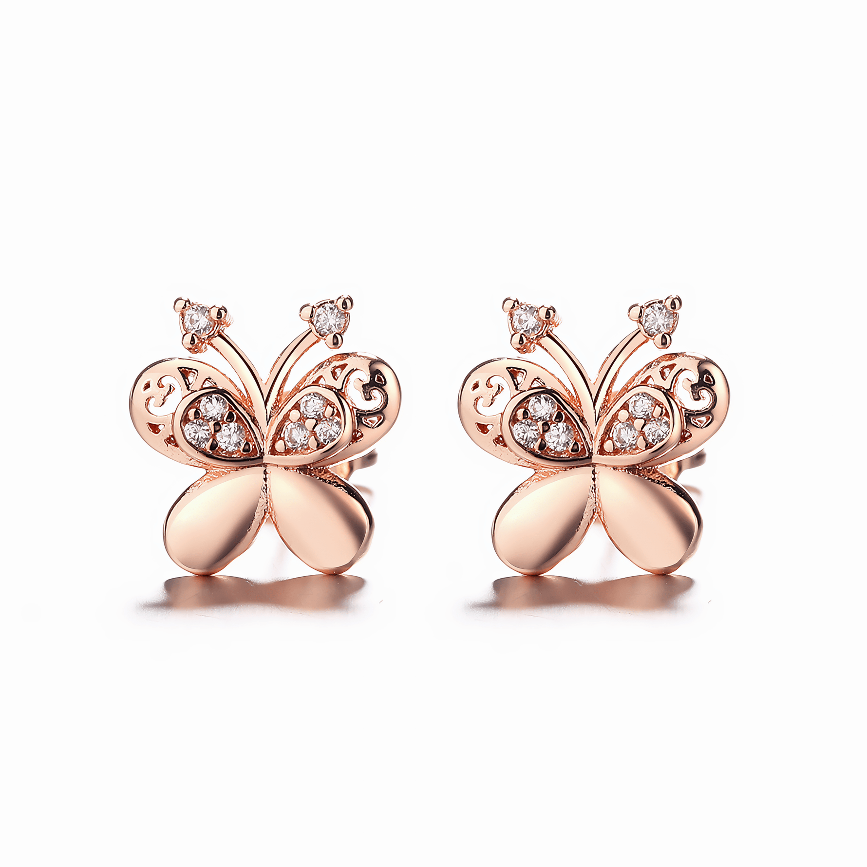 Elegant rose gold butterfly earrings with delicate filigree details and sparkling cubic zirconia, perfect for a graceful, feminine touch. - NAFALUXE
