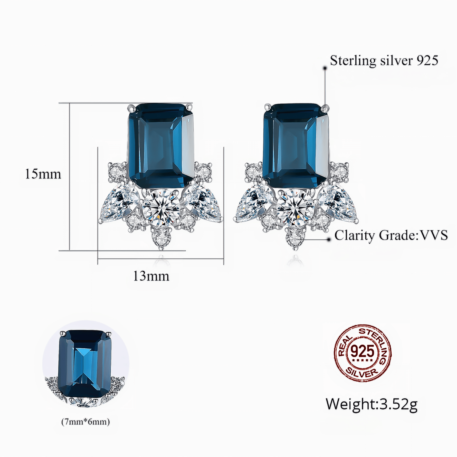 Elegant Sapphire Blue CZ Sterling Silver Stud Earrings - NAFALUXE