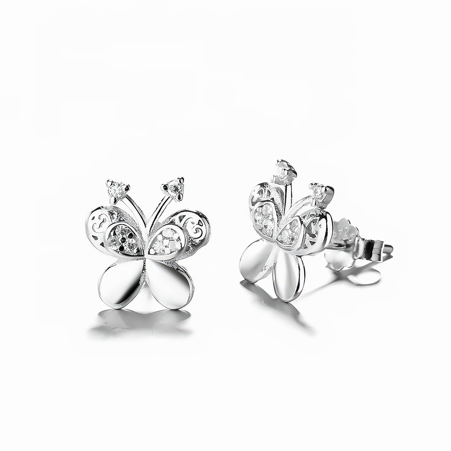Elegant Silver butterfly earrings with delicate filigree details and sparkling cubic zirconia, perfect for a graceful, feminine touch. - NAFALUXE