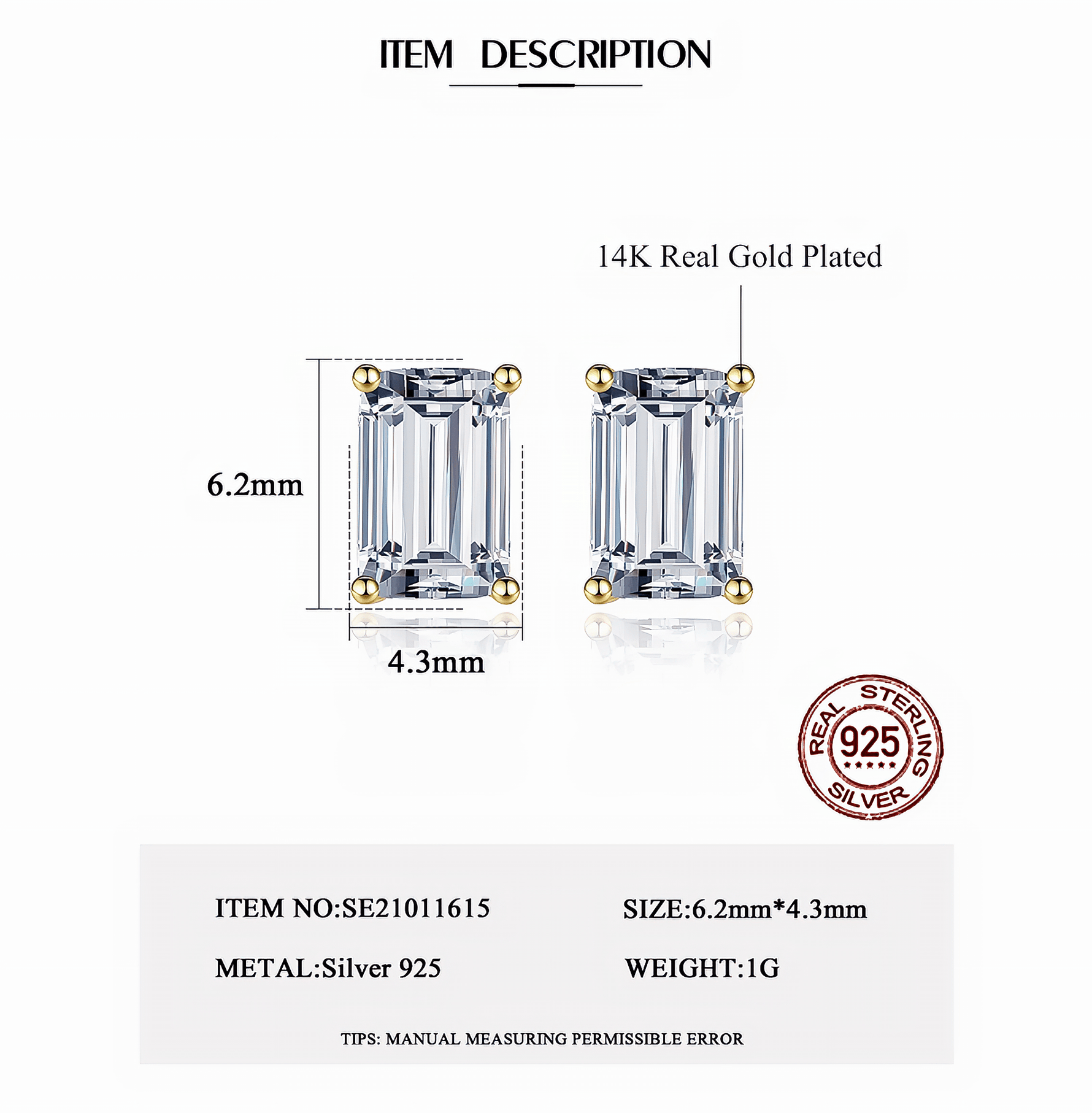 Emerald Cut Cubic Zirconia Stud Earrings in Sterling Silver with Gold Prongs - NAFALUXE