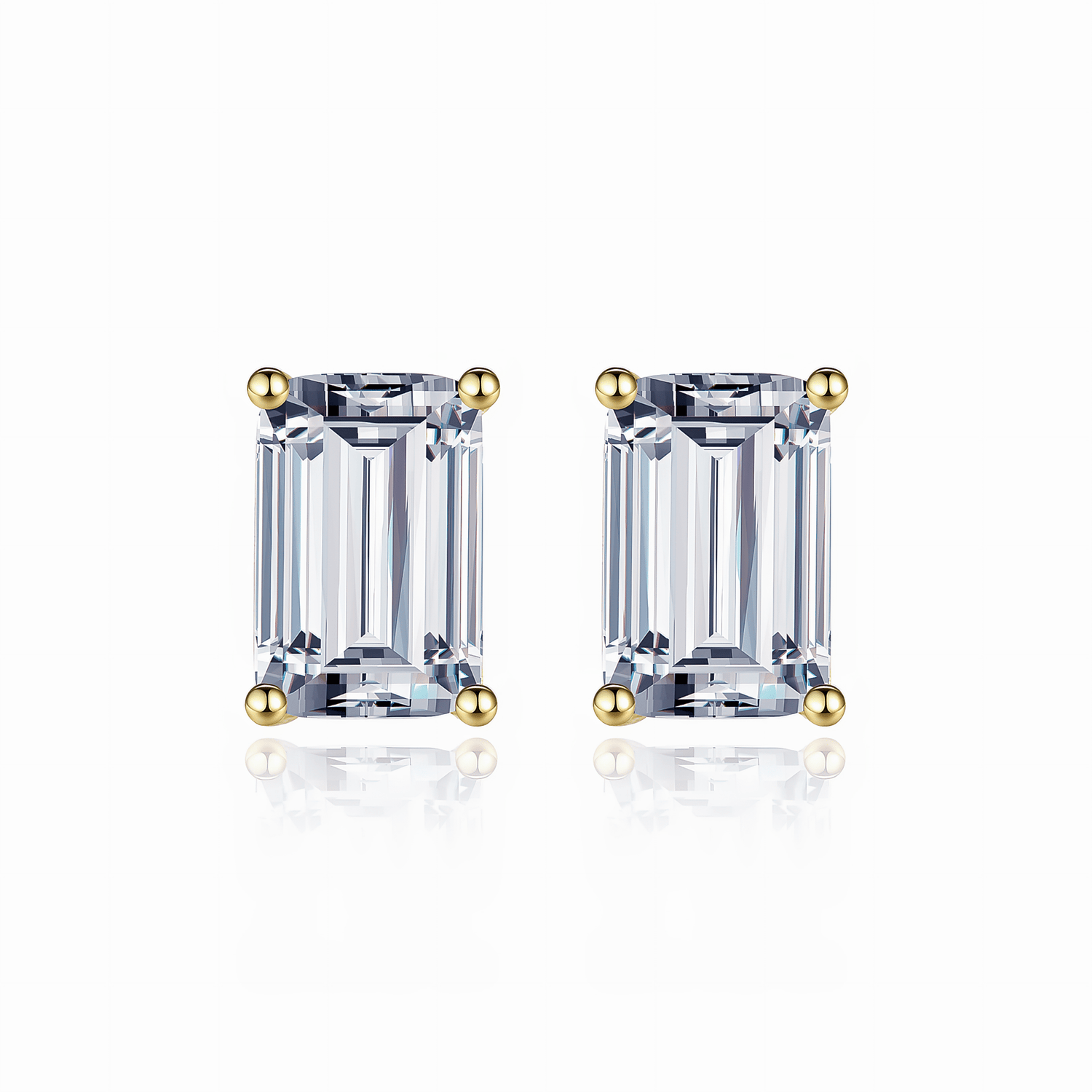 Emerald Cut Cubic Zirconia Stud Earrings in Sterling Silver with Gold Prongs - NAFALUXE