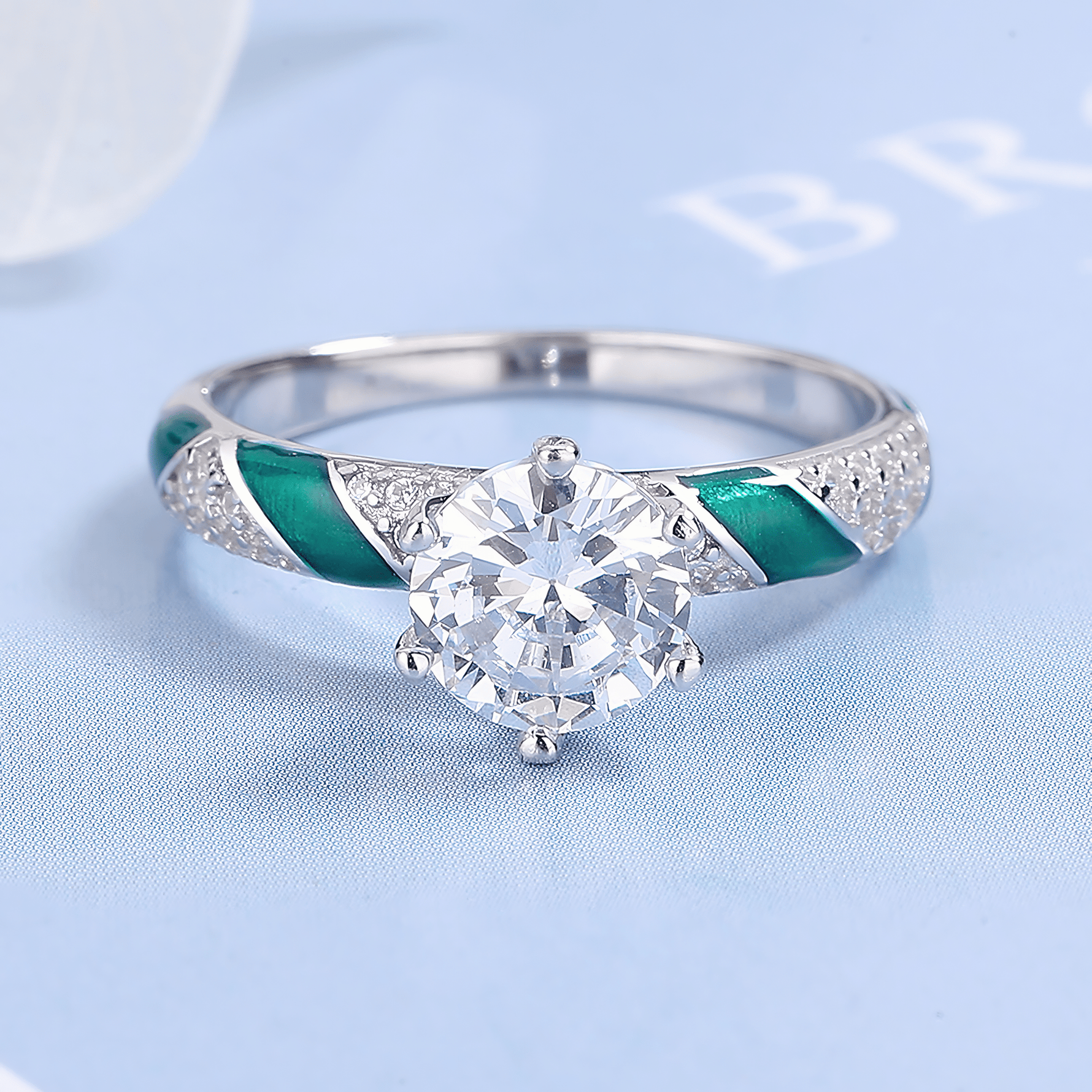Emerald Flame – Sterling Silver Ring with Green Enamel Inlay & Brilliant CZ Center - NAFALUXE