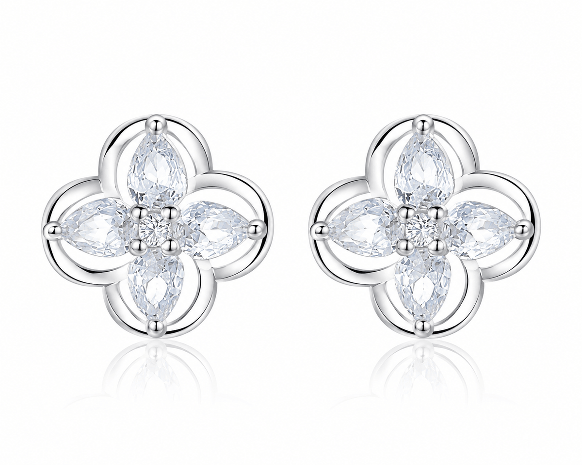 Floral Stud Earrings with Marquise-Cut AAA Cubic Zirconia - NAFALUXE