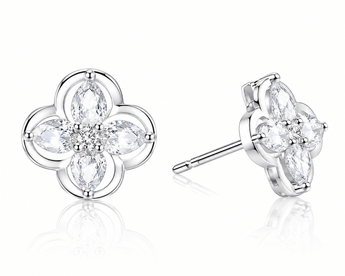 Floral Stud Earrings with Marquise-Cut AAA Cubic Zirconia - NAFALUXE
