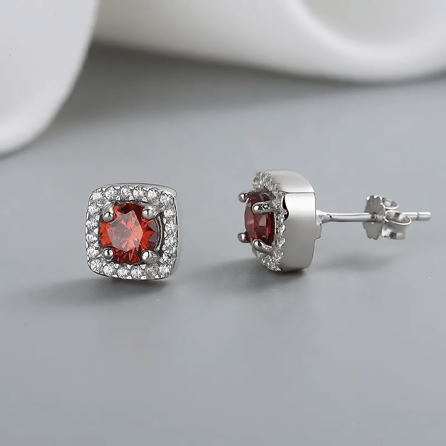 Garnet Halo Stud Earrings – 925 Silver - NAFALUXE