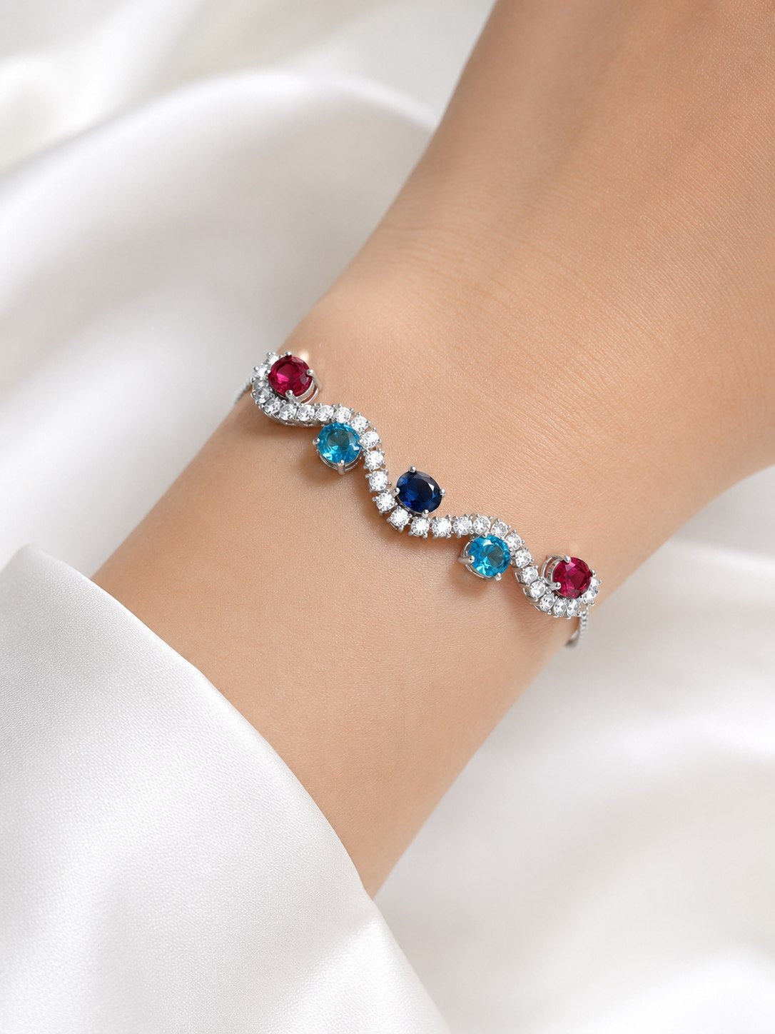 Gemstone Wave Bracelet Adjustable Sterling Silver 925 - NAFALUXE