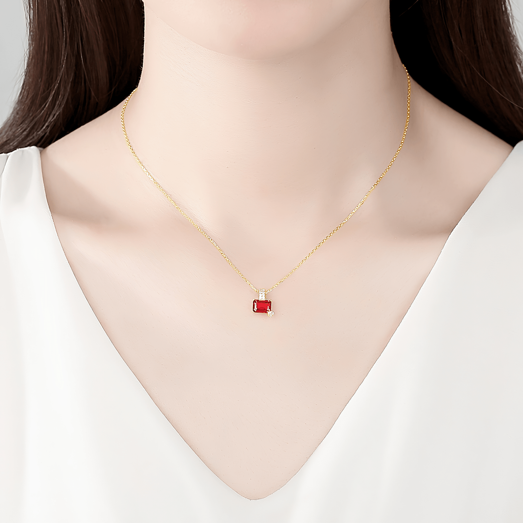 Gold - Plated Emerald - Cut Ruby Red CZ Pendant Necklace in Sterling Silver - NAFALUXE