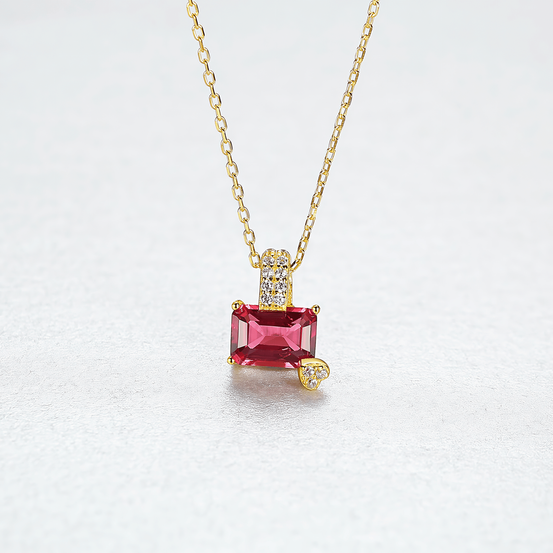 Gold - Plated Emerald - Cut Ruby Red CZ Pendant Necklace in Sterling Silver - NAFALUXE