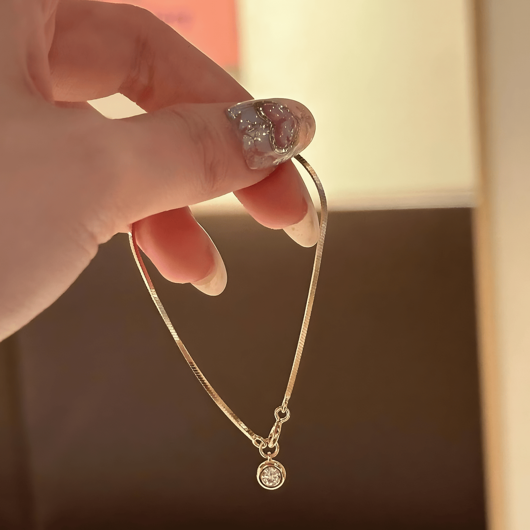 Gold - Plated Flat Snake Chain with Zircon Pendant - NAFALUXE