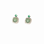 Green Cat Eye Stone Stud Earrings with CZ Halo in Sterling Silver - NAFALUXE