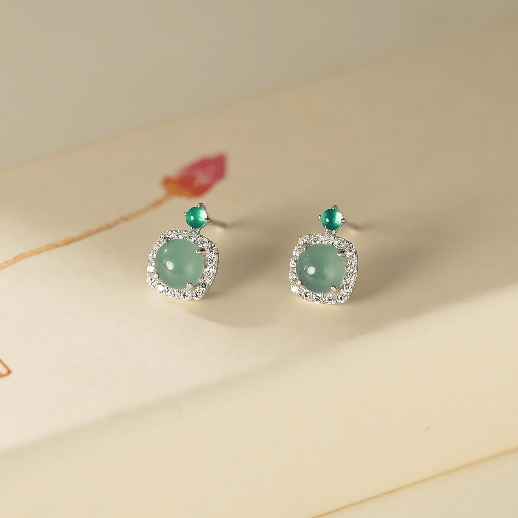 Green Cat Eye Stone Stud Earrings with CZ Halo in Sterling Silver - NAFALUXE